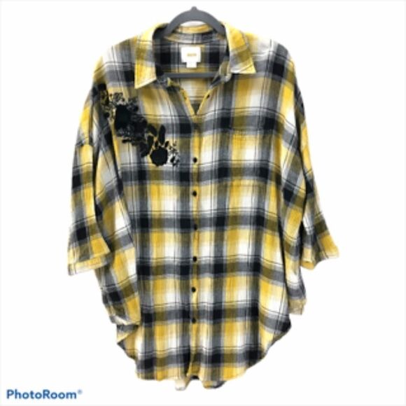 Maeve Oversize Plaid Button Up with Embellishment - Picture 1 of 5